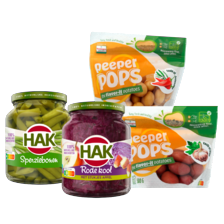 Hak sperziebonen, spinazie, rode bieten,
rode kool met stukjes appel, worteltjes
of doperwtjes met worteltjes
potje à 330-355 gr